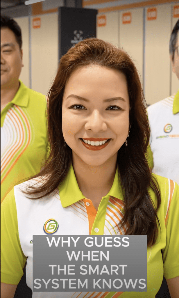 Rachel Wong standing in front of Gabkotech Smart Lockers with the message “Why guess when the smart system knows?”